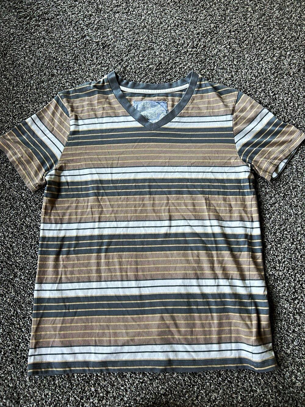 Mambo Men's Striped V-Neck Short Sleeve T-Shirt Gray Brown White M Cotton Knit